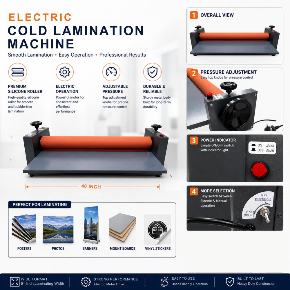 Namibind ECLM-40 Electric Cold Laminator | 40-Inch Width | Heavy-Duty Metal Frame |0-5 m/min Speed | Ideal for Vinyl, Posters, Banners, Graphics, Photos & Sign Boards - Image 2